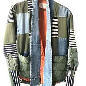 GREG LAUREN: Men's Army Denim Striped Kimono Jacket - Size 1